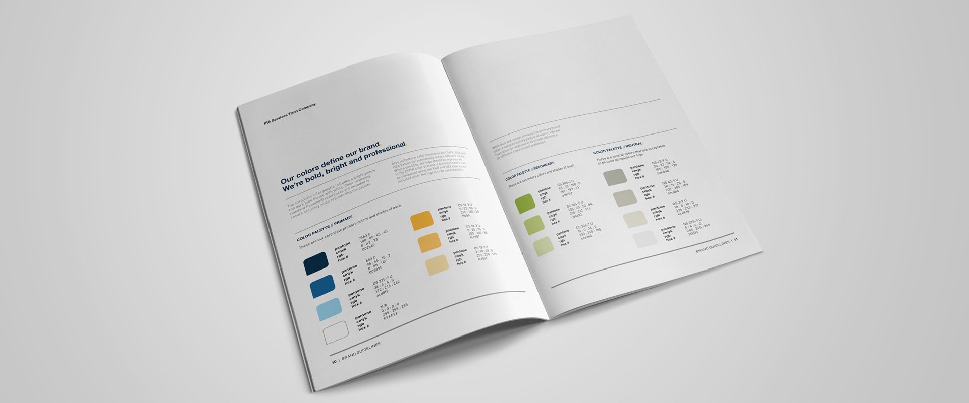 Brand colours spread, showing all of the colours that the brand will utilise over different media.